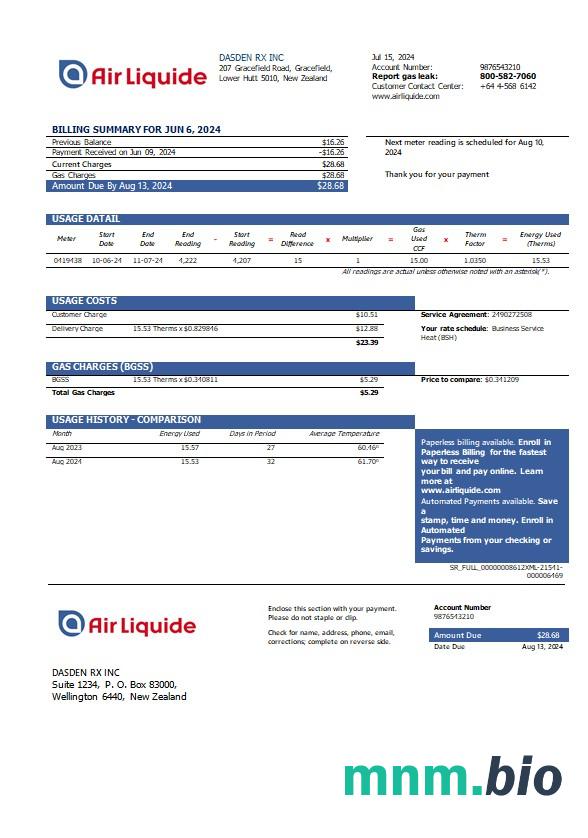 Nowa Zelandia Air Liquide Gas rachunek za usługi komunalne szablon w formacie Word i PDF